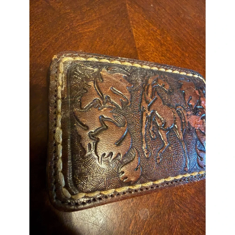 Vintage Tooled Leather Horse Floral Belt Buckle Brown Western C-822
